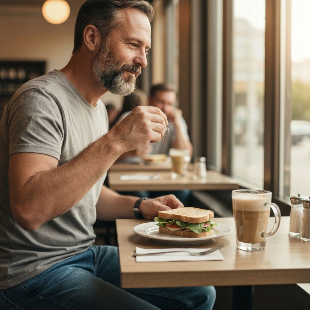 A relaxed lunch scene with simple wholesome food, warm beverage, and natural lighting