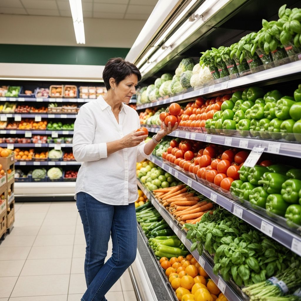 Person browsing fresh produce in a supermarket aisle with natural lighting